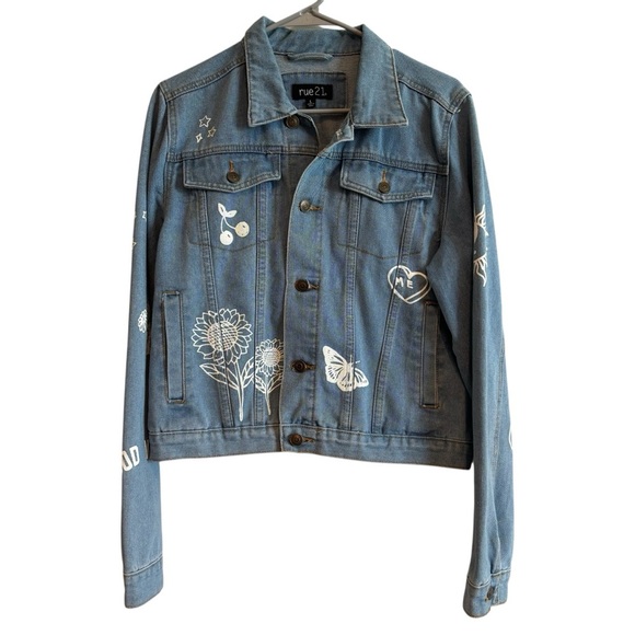 Rue 21 Blue Denim Medium Wash Graphic Print Jean Jacket Large - Picture 1 of 9